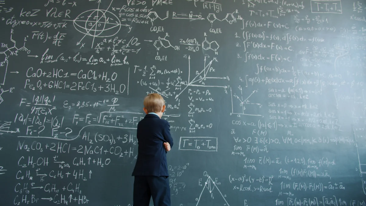 Autistic teen studying mathematics and equations on a chalkboard in a school setting