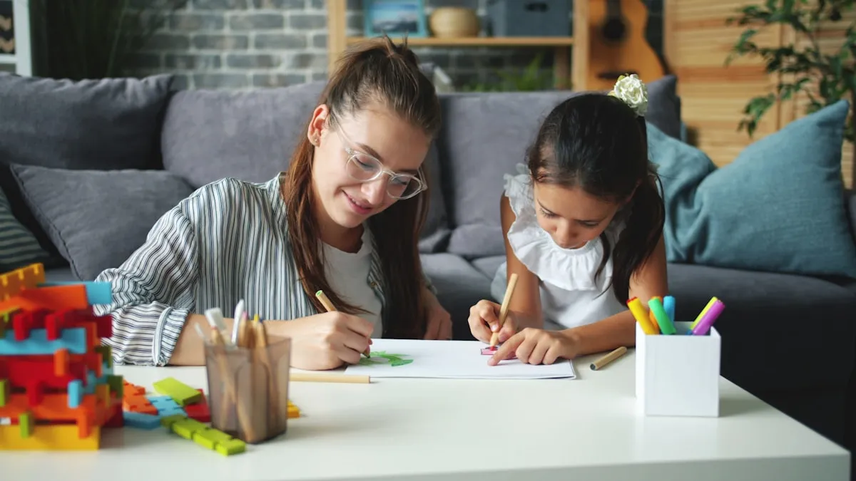 Mother and child working together at a table, reviewing papers