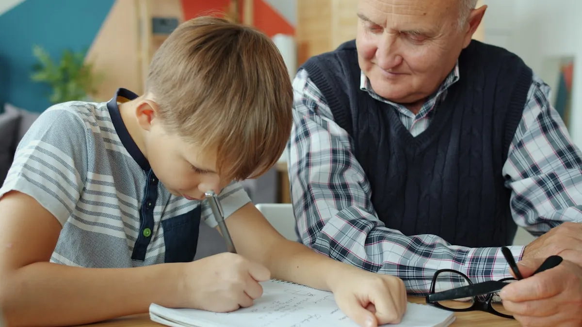 Grandfather helping grandson with homework at a table
