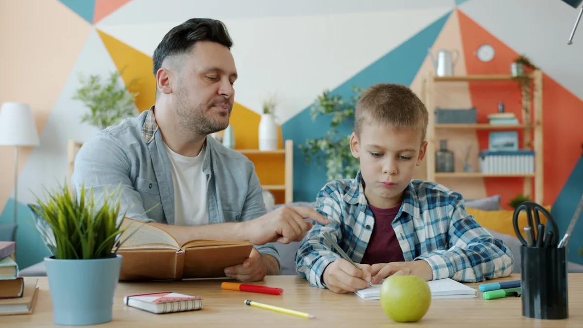 Father and son studying together at a colorful desk at home